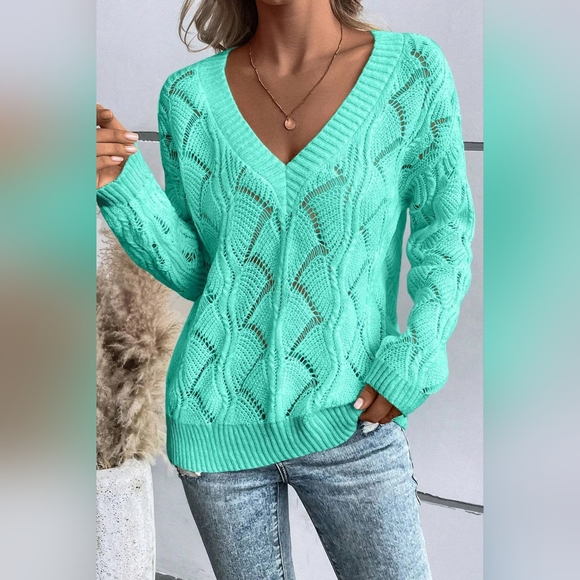 Openwork V-Neck Long Sleeve Turquoise Sweater - Picture 2 of 7